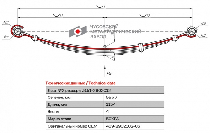 Лист подкоренной рессорный №2 УАЗ 469, 3151 передний