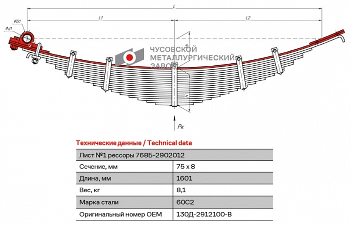 Лист коренной рессорный №1 ЗиЛ 130Д: 495810, 441510, 431410, 431917, ММЗ-555, ММЗ-4502 задний